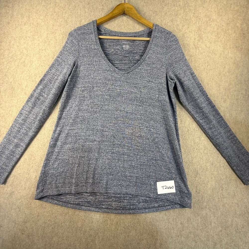 American Eagle Soft & Sexy Plush Blue Marled V-Neck Long Sleeve Top Medium